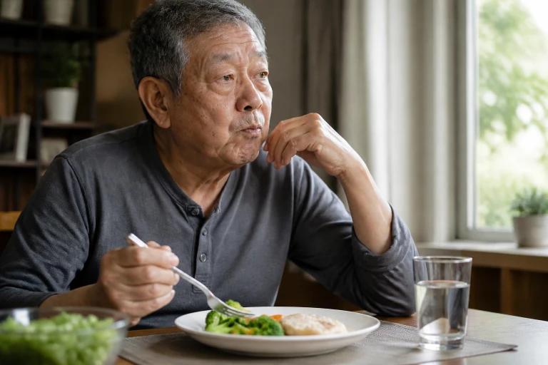 An older adult pauses mid-meal at a dining table with one hand near the jaw while carefully chewing an unbranded bite of food.