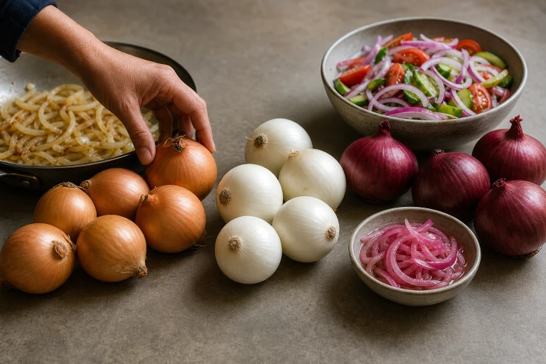 A hand reaches toward yellow, red, and white onions arranged beside a cooking pan, a bowl of crisp raw ingredients, and a small dish of lightly pickled onions.