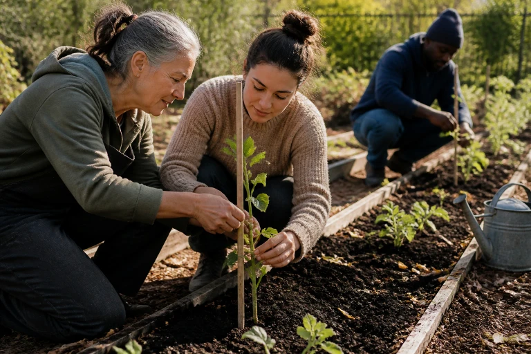 In a shared community garden, one person shows another how to secure a young plant to a stake while a third person helps with another plant nearby.