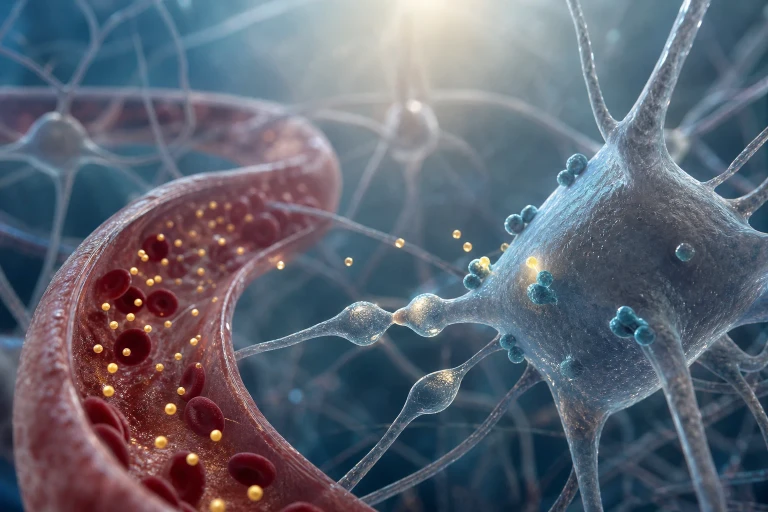 Coffee-derived compounds move through a simplified bloodstream toward intact brain-cell receptors and connected synaptic junctions.