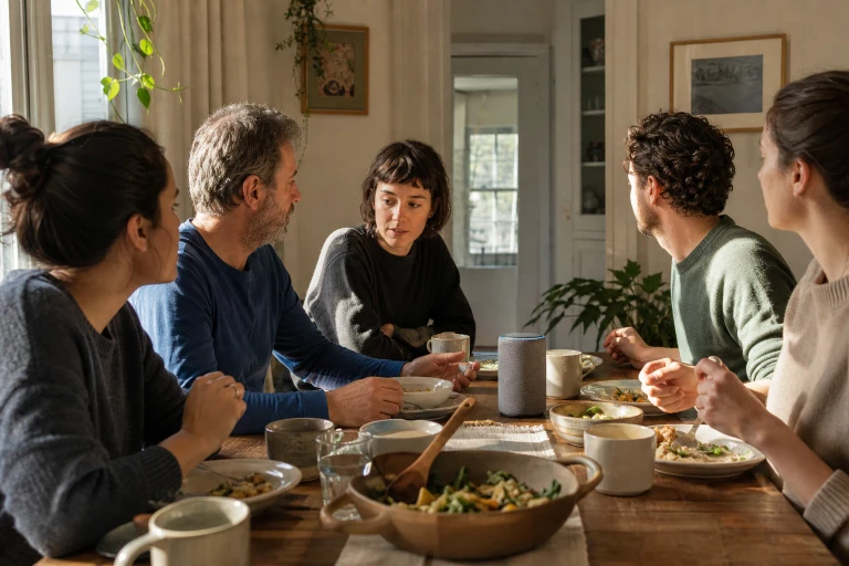 Several people at a shared dining table pause with their hands above plates and cups and turn toward an unbranded voice-assistant speaker as it takes a conversational turn.