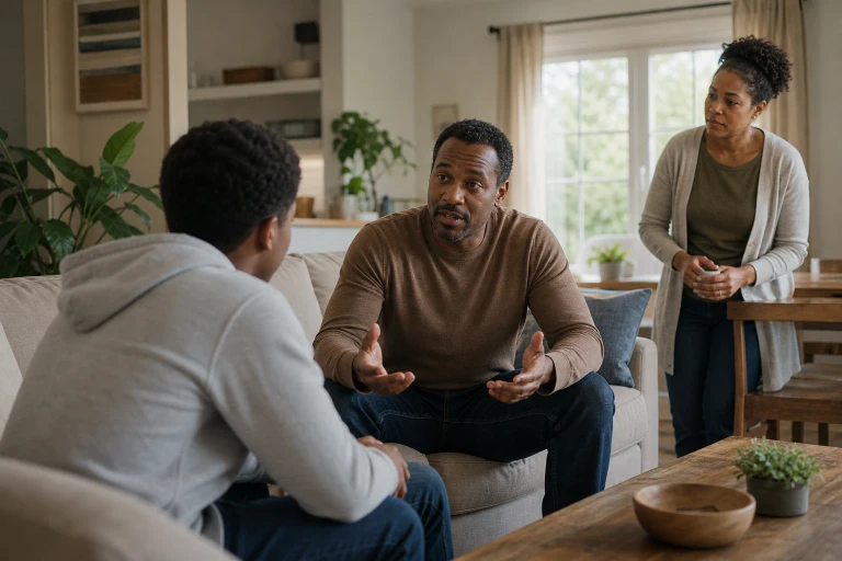 In a quiet living room, one family member speaks while an attentive listener leans forward and a third relative pauses a household task to turn toward them.