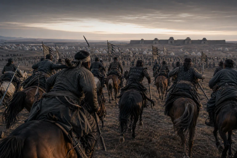 A small group of mounted rebels surges across an open plain toward a much larger imperial encampment before dawn.
