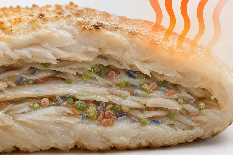 An unlabelled educational cutaway shows abstract forms multiplying inside layered cooked seafood while a fading heat symbol remains only at the surface.