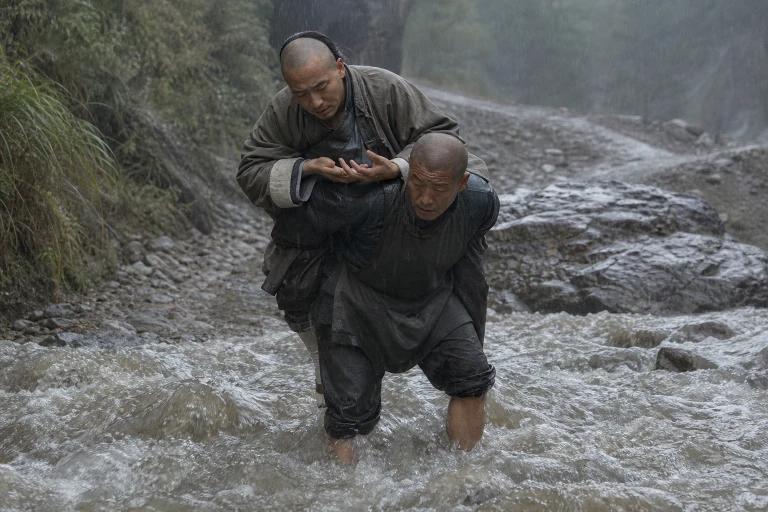 A villager carries a physician across a rain-swollen mountain road while the physician studies his complexion and bodily markers.