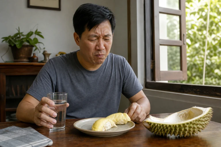 An adult pauses after swallowing a small bite of durian, one hand steadying a glass of water as a restrained gag tightens the throat.