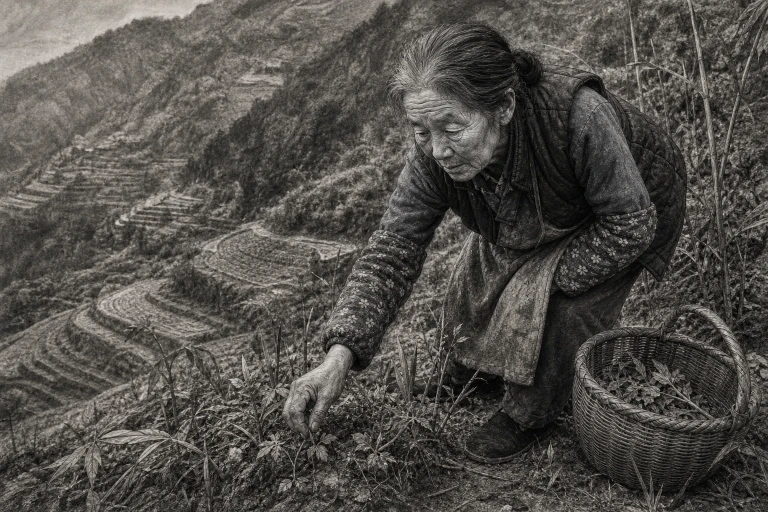 An elderly rural woman reaches into wild growth for bamboo shoots and medicinal herbs on a steep cultivated mountainside, with a woven basket beside her.