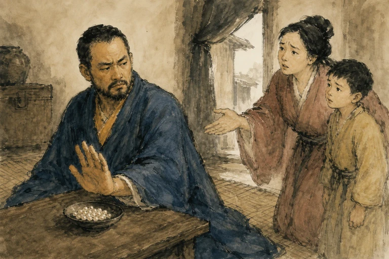 An ancient judge recoils from a dish of pearls while his wife pleads beside their only son, his hand hovering between the wealth and the child.
