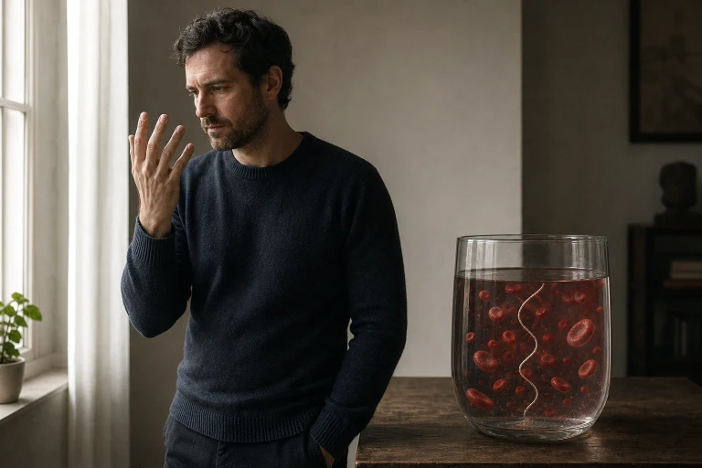 A fully clothed adult studies one hand beside a glass vessel containing a magnified swirl of blood cells and an unbroken thread.