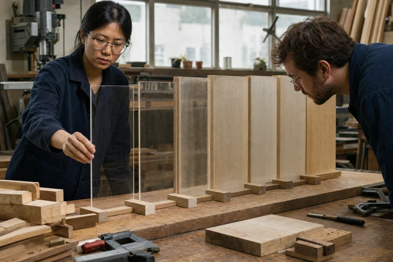 Researchers examine a row of transparent wood samples that become hazier as they increase in thickness on a workshop table.