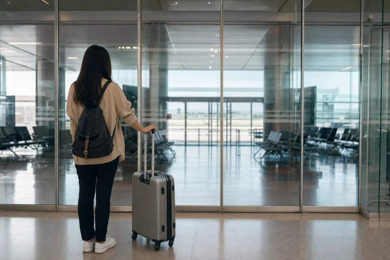A female traveller stands behind her suitcase in an airport concourse, facing a broad closed glass exit while the public hall behind her remains open.