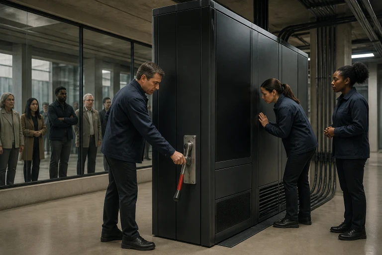 An institutional steward pulls a physical cutoff lever beside a halted autonomous computing cabinet while other stewards inspect it and citizens watch through a glass partition.