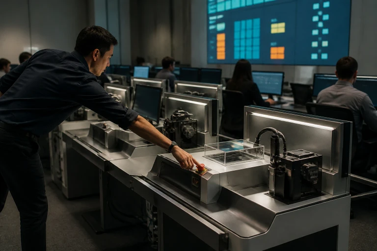 A worker reaches across connected workstations to press a plain physical stop control while colleagues continue working near an abstract monitoring display.
