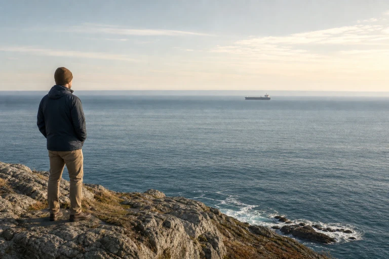 An observer on a high coast watches a distant ship appearing slightly elevated above a subtly curved horizon through layers of warm and cool air over the water.
