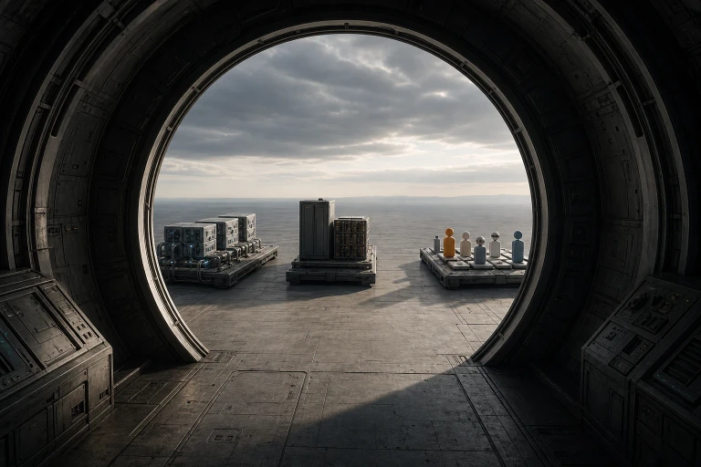 From inside an empty docking chamber, three separate system mechanisms approach a vacant socket but stop short of connecting.