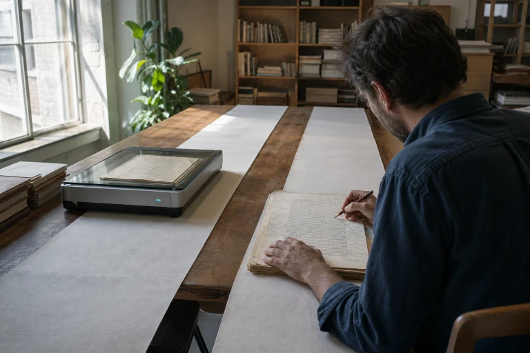 Over the shoulder of a reader, a carefully edited page travels along one parallel path while material passes through a neutral provenance scanner on another.