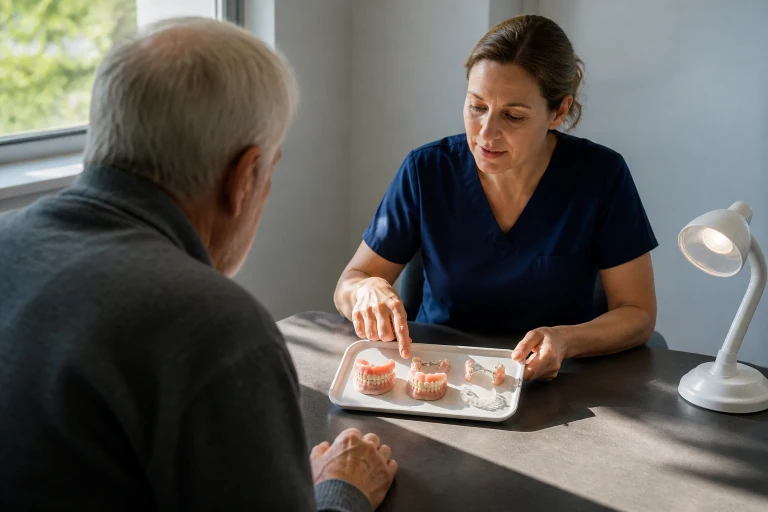 An older adult leans across a consultation table to examine unbranded denture and dental restoration models while a dental professional presents the tray.