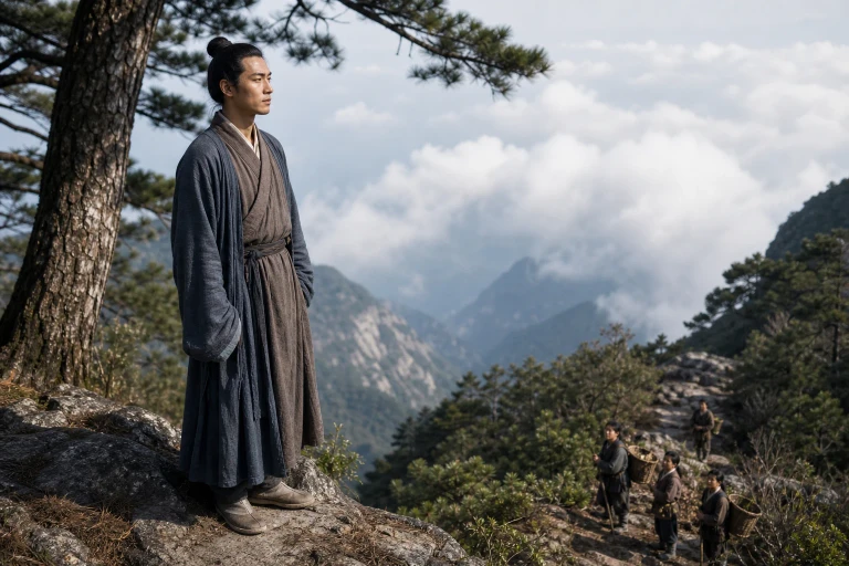 A Daoist stands on a pine-covered Mount Luofu ridge watching clouds while woodcutters and herbal gatherers pause below with baskets and tools.