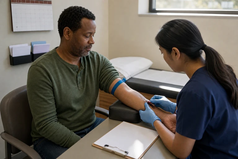 An ordinary adult sits in a modest outpatient monitoring room with one sleeve rolled up while a healthcare worker collects a routine blood sample into an unlabelled tube beside a blank clipboard.