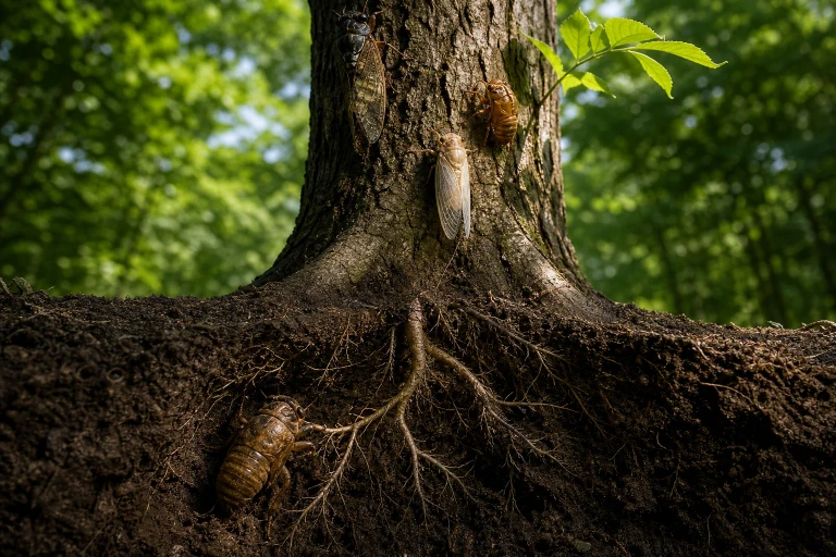 A natural cutaway beneath a Japanese tree shows a cicada nymph feeding near fine roots while adult cicadas climb the trunk above ground, one newly emerged with pale wings beside an empty shell.