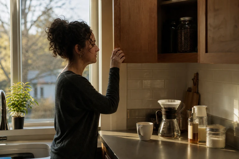 An ordinary adult closes a kitchen cupboard containing coffee beans while setting a plain cup and brewer aside, with sugar, flavored syrup, and heavy cream nearby.