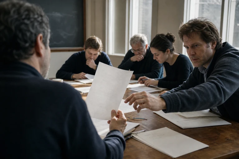In a plain seminar room, reviewers compare unreadable research pages at a table while one holds a page away and another reaches toward it.