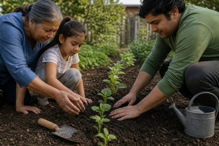 Older and younger family members work together in a shared garden, guiding a hand and pressing soil around new plants.
