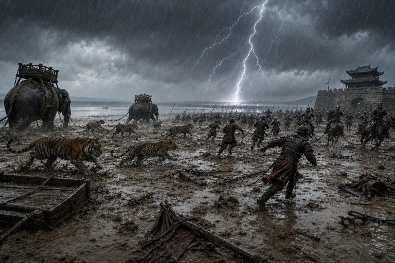 A violent tempest scatters tigers, leopards, elephants, soldiers, and abandoned equipment across a muddy plain beside a swollen river.