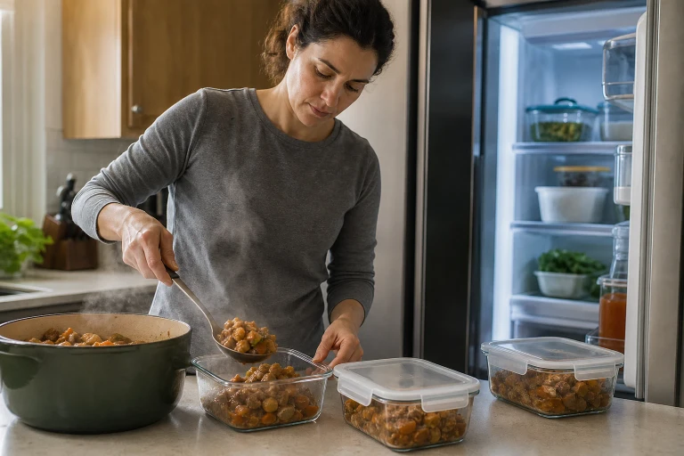 An adult portions a steaming freshly cooked meal into clean glass containers beside an open refrigerator, sealing one container as another is placed to chill.