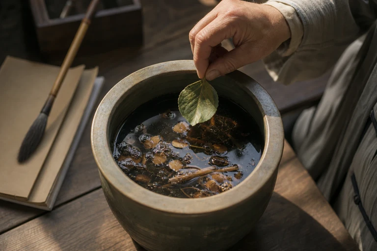 A physician’s hand releases a single parasol-tree leaf into a prepared herbal decoction while a brush and prescription rest at the edge of the vessel.