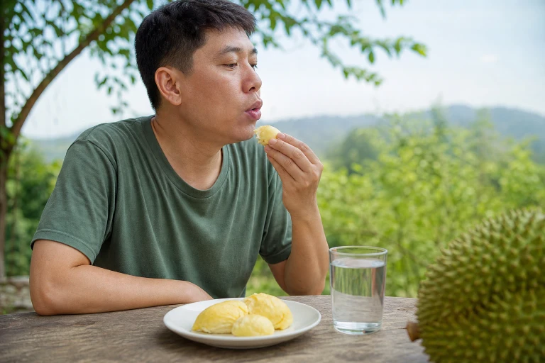 An adult outdoors lifts a small piece of cool durian toward the mouth while exhaling away from the nose, with a modest portion on a plain plate and a glass of water nearby.