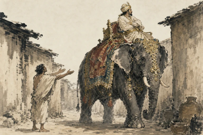 A nephew stands in an ancient Indian street with both hands extended toward a wealthy merchant turned away atop a lavishly decorated elephant.