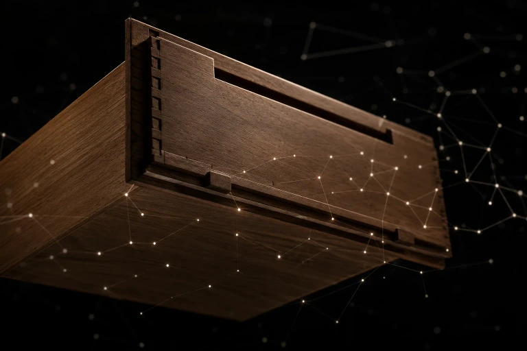 The carefully finished rear of a wooden drawer is examined by abstract scanning points emerging from surrounding darkness.