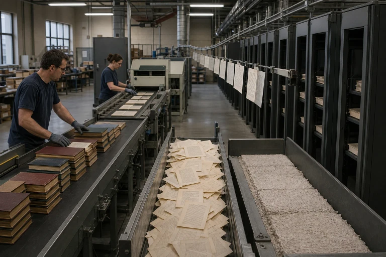 Workers oversee a scanning line where intact books become separated pages and recycled paper while scanned pages enter unmarked storage equipment.