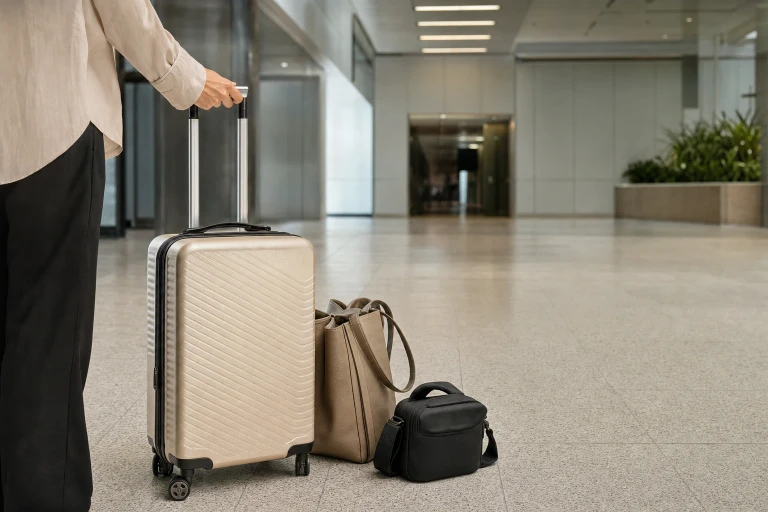 A woman grips a small suitcase in an airport arrivals area while an ordinary work bag and camera case sit beside her and a service doorway recedes in the distance.