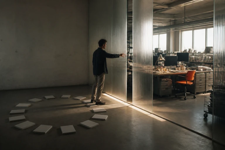 A contemporary worker reaches toward a useful exchange across a nearly closed transparent partition while blank work packets form a circle behind them.