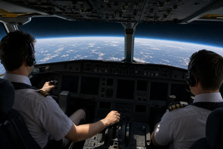 Two aviation workers monitor abstract cockpit instruments while a curved earth horizon appears through the aircraft’s forward windows.