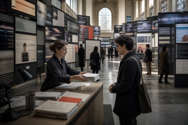 A human editor checks a small stack of material between crowded abstract media panels and a waiting reader in a public information hall.