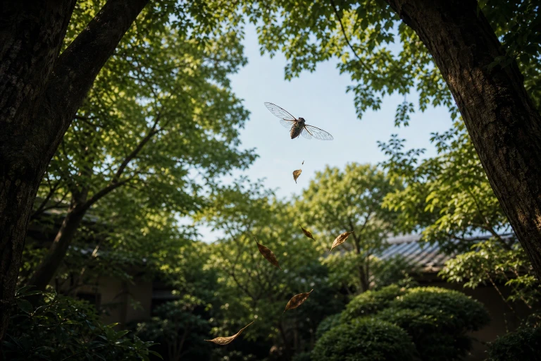 A cicada flies from a dim leafy courtyard toward a sunlit upper branch as a few late-summer leaves drift below.