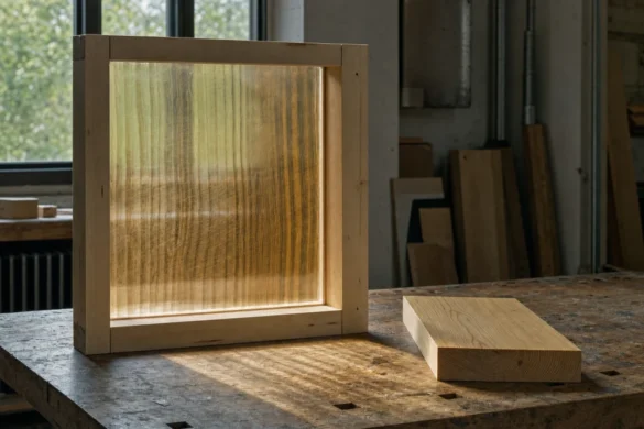 A transparent wood pane stands in an unfinished window frame beside an ordinary timber plank as light passes through the pane.