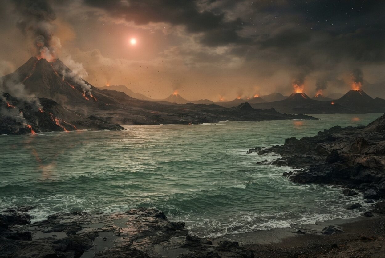 Four billion years ago, when life is thought to have first formed, Earth would have looked very different from today. There would have been little oxygen in the atmosphere and far more active volcanism, creating sparse volcanic landscapes and green, iron-rich oceans.