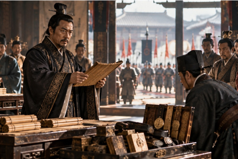 AI-generated image of an ancient Chinese official overseeing government reforms as attendants handle bamboo records and nobles watch from the side.